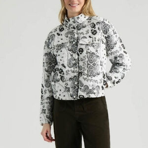 MEXX Quilted Paisley Jacket White Black Snap Front Cropped Cotton Jacket Women’s